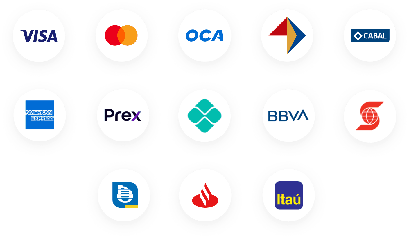 Logos de Visa, Mastercard, Oca, Sistarbank, Cabal, American Express, Prex, Pix, BBVA y Scotia.